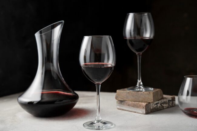 red-wine-FP Wine glass and decanter illustrate blog "What Is the Difference Between Pinot Noir and Cabernet Sauvignon?"