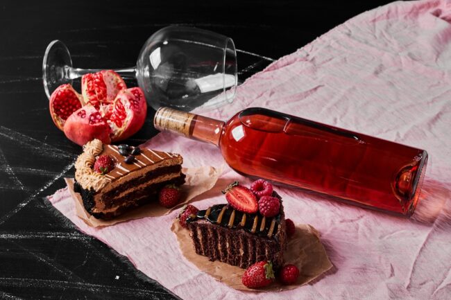 Chocolate cake with wine on black background Bottle of fortified wine with slices of cake illustrates blog "What Is Fortified Wine?"