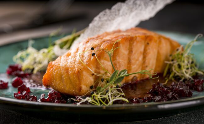 salmon-dish-fp Closeup of salmon dish illustrates blog "What Wine Goes Well With Salmon?"