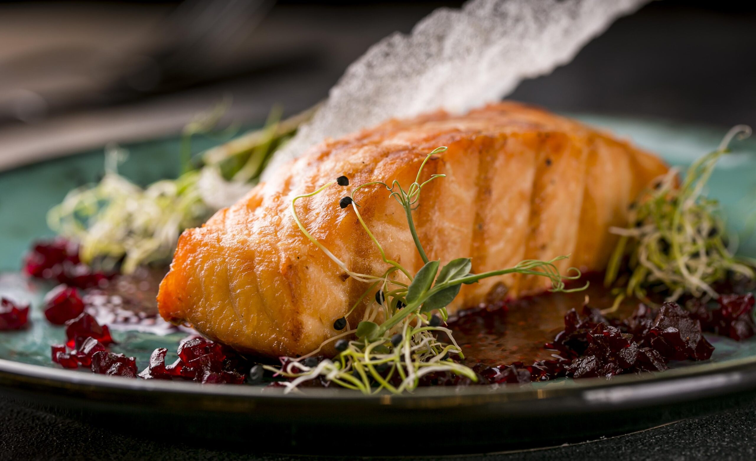 Closeup of salmon dish illustrates blog "What Wine Goes Well With Salmon?"