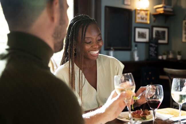 wine-turkey-meal-fp Couple at dinner table with glasses of wine