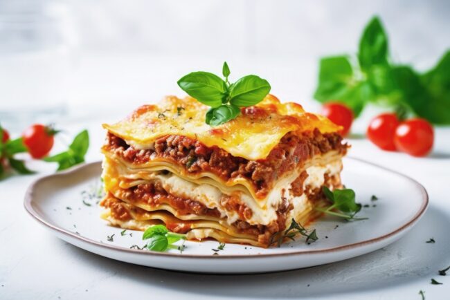 lasagna-fp Slice of lasagna on plate.